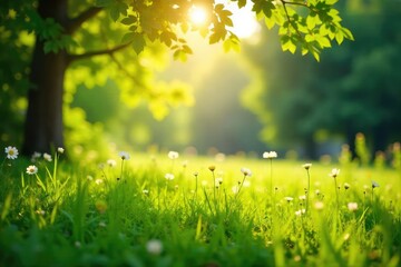 Sunlight streams through leaves onto a sunlit meadow, dappled shadows creating a joyful, playful atmosphere; evoking carefree laughter and bright, happy days , bright, spring