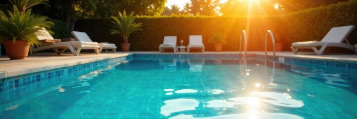 Sunlight warms a sun-drenched swimming pool, inviting a refreshing dip on a hot summer's day Perfect for summer vacation, relaxation, and carefree vibes , swimming, clear, pool