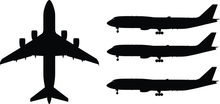 Commercial airplane silhouette set, jet aircraft top and side view, black vector planes, aviation clipart collection, passenger plane design, editable air travel illustration icon