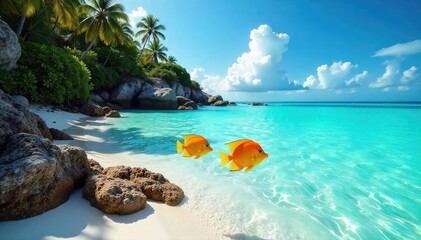 Obraz premium Vibrant tropical fish swim in crystal-clear shallows near a pristine, sunny beach Paradise found! Perfect for travel, vacation, and summer themes , green, wildlife