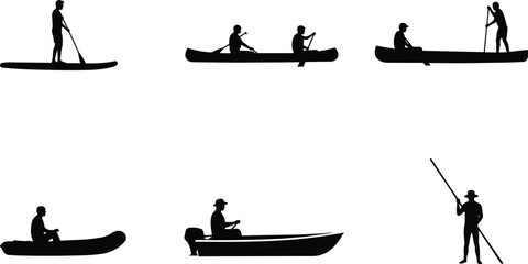 Silhouette people paddling boats and canoes, standing and sitting rowers, paddleboard activity scene, isolated black vector illustration for outdoor adventure, river travel, and water sports design