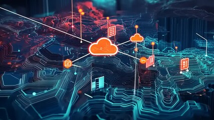 Digital network visualization with cloud icons and data connections over a futuristic cityscape - Powered by Adobe