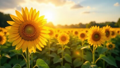 Fototapeta premium A field of sunflowers basking in the golden sunlight, their faces turned towards the sun, creating a vibrant and joyful scene Perfect for summer, nature, and happiness themes , flowers, clouds