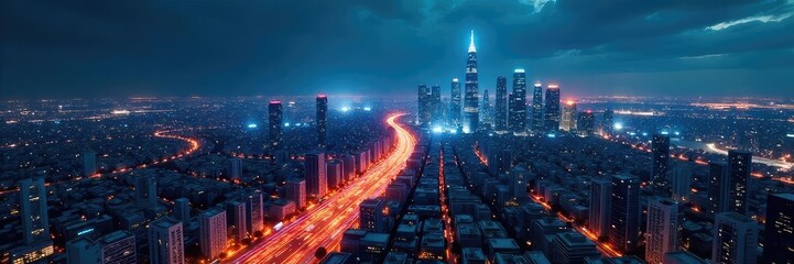 A futuristic cityscape at night, illuminated by glowing network lines connecting buildings, symbolizing advanced digital connectivity and technological innovation , futuristic, lines, progress