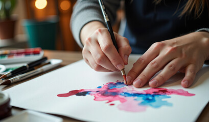 Fototapeta premium Manos de artista pintando con acuarela sobre papel, pincel y paleta en primer plano, escena creativa con fondo desenfocado y ambiente cálido y natural.