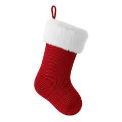 Red knit christmas stocking with white fur cuff isolated on transparent background