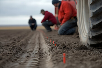 workers nearby kneeling to examine underground pipeline