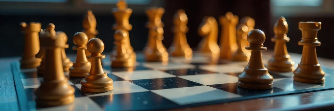 Close-up of a chessboard mid-game, pieces strategically positioned, reflecting a fierce, calculated battle of wits and ambition , risk, strategy, chessboard