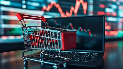 Shopping cart placed on laptop keyboard with stock market graphs displayed in the background