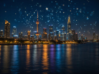 Fototapeta premium Evening skyline with blurred towers and scattered bokeh lights along riverbank viewed from across dark water surface under deep blue hour tones, the high-definition image reveals clear