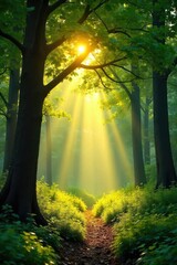 Golden hour sunlight streams through the branches of a lush green tree, illuminating a vibrant, sun-drenched forest floor Perfect for nature, summer, and environmental themes , majestic, landscape
