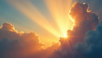 Obraz premium Golden sunbeams pierce through gaps in fluffy clouds, creating a dramatic, ethereal light show in the sky Perfect for nature, weather, and serenity themes , diffused light, sunshine, sun