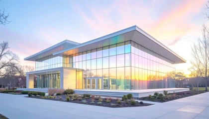 Obraz premium Modern Glass Building Sunset Reflection - Modern Architecture