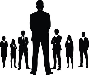 Leadership team silhouette, business people standing in line, corporate teamwork concept, confident professional group, black business figures, isolated vector illustration, executive 