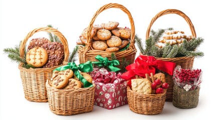 Festive Baskets of Holiday Cookies with Red and Green Decorations