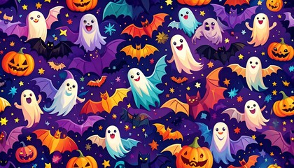 Spooky Night: A Halloween Pattern of Ghosts, Bats, and Pumpkins