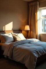 Soft, warm light illuminates a cozy bed, creating a relaxing and inviting atmosphere Perfect for sleep, relaxation, and bedroom decor inspiration , serene, pillows
