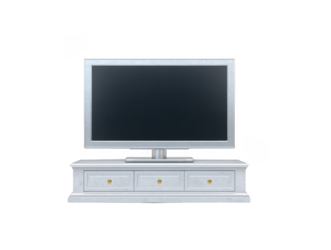 Modern flat screen television sits on sleek white TV stand with three drawers, offering minimalist and stylish look for any living room. setup is perfect for contemporary home decor