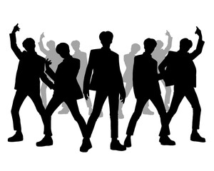 Male idol group silhouette, kpop idol dancing, icon isolated on white background