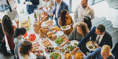 A diverse group of men and women enjoying a vibrant buffet spread. The gathering features a variety...