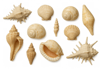 Seashells displaying varied shapes, textures, patterns from oceanic environments, scattered across transparent backdrop