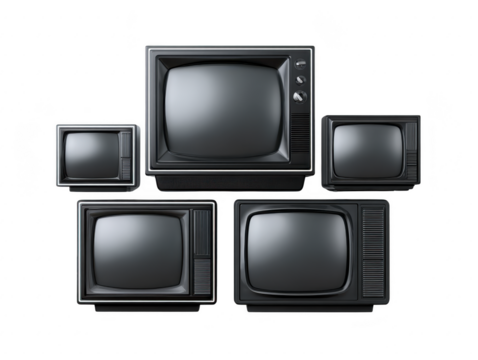 Collection of vintage black and white televisions evokes nostalgia, showcasing retro design and classic technology. image highlights evolution of media devices over time