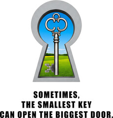 Antique key in keyhole showing green field landscape isolated on transparent background