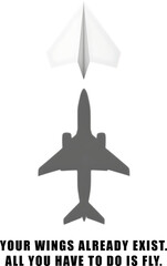 Paper airplane above airplane silhouette isolated on transparent background