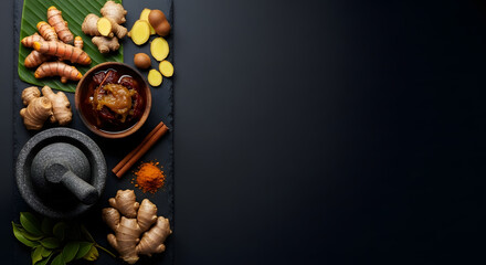 Flat lay of traditional Indonesian herbal medicine (jamu) ingredients like ginger, turmeric, and tamarind on a black slate background with ample copy space. Asian health concept