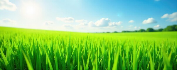 A lush field of vibrant green herd grass, swaying gently in the breeze, under a bright summer sky Perfect for agricultural, environmental, and nature themes , nature, summer, ecosystem