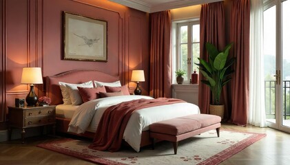 A luxurious bedroom, impeccably styled with rich fabrics, plush textiles, and elegant accessories The room exudes sophistication and calm, perfect for relaxation and rest , sophisticated, dressing