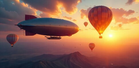 A majestic airship and vibrant hot air balloons soar gracefully against a breathtaking sunset, creating a captivating spectacle of color and scale , scenery, colorful, peaceful