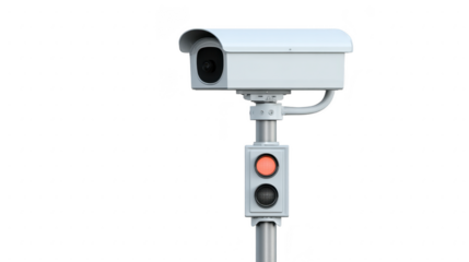 Modern surveillance camera mounted on pole with traffic light system, used for monitoring and security purposes in urban environments. camera is enclosed in protective casing