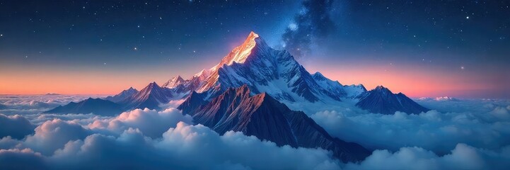 A majestic mountain range piercing the clouds, resembling a colossal universe, stars twinkling in the night sky above , astronomy, majestic