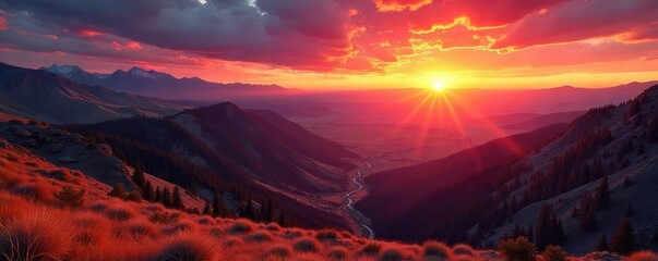 A massive, vibrant Colorado sunset casting long shadows across a sprawling, majestic landscape The immense scale of the scene evokes a sense of awe and wonder , sun, colors