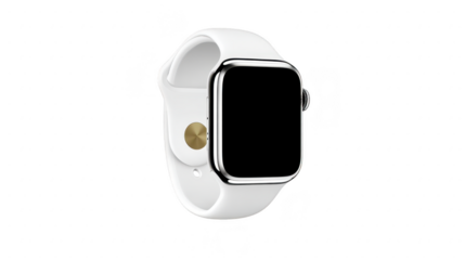 Sleek, modern smartwatch with white band and blank screen, featuring metallic frame and minimalist design, perfect for tech enthusiasts