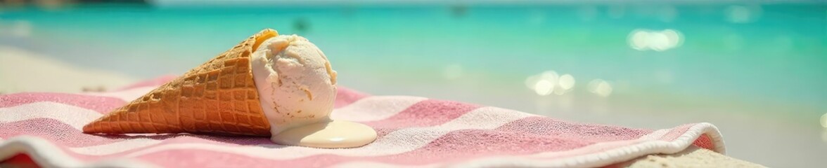 A melting ice cream cone drips onto a sun-baked beach towel, creating a comical summer scene Perfect for summer fun, vacation, and humorous imagery , relaxation, treat