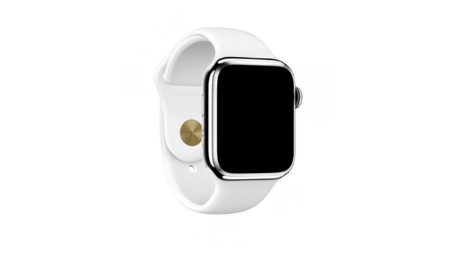 Sleek, modern smartwatch with white band and blank screen, featuring metallic frame and minimalist design, perfect for tech enthusiasts