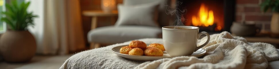 A serene scene of a cozy living room, featuring a steaming mug, a blanket, and a plate of delectable treats, embodying the comforting essence of relaxation eating , sweets, snack, pastries