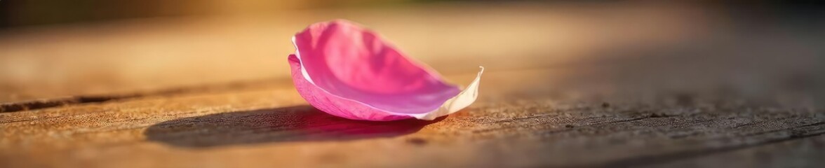 A single pink rose petal gently falling on a wooden surface, leaving a soft pink trace Sunlight streams in, highlighting the delicate texture and color , wooden table, gentle, spring