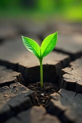 A single, hopeful green sprout pushes through cracked earth, symbolizing resilience and the promise of new life, representing compassion and the enduring power of hope , nature, bright