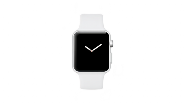 Sleek smartwatch with white band and minimalist design, featuring simple analog clock face on black screen. watch is modern and stylish, suitable for everyday wear