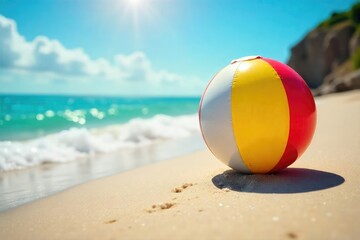 Obraz premium A vibrant, beach ball bounces playfully on a sun-drenched, sandy shore during a bright summer day, embodying carefree fun and summer vibes , sunshine, joy