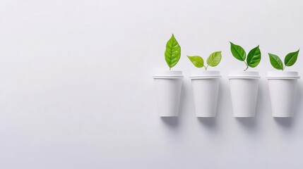 Eco-Friendly Concept of Plants Growing from White Cups on Background