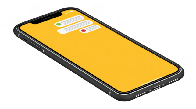 Smartphone with yellow screen displays notification bubbles, indicating messages or alerts. device is angled, showing its sleek design and modern features, suggesting connectivity - Powered by Adobe