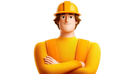 3D illustration of construction worker wearing yellow hard hat and matching uniform, exuding confidence and professionalism. character arms are crossed, conveying sense of readiness and competence