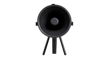Black round speaker with tripod stand, featuring minimalist design and central control button, ideal for modern home audio setups