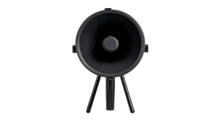 Black round speaker with tripod stand, featuring minimalist design and central control button, ideal for modern home audio setups