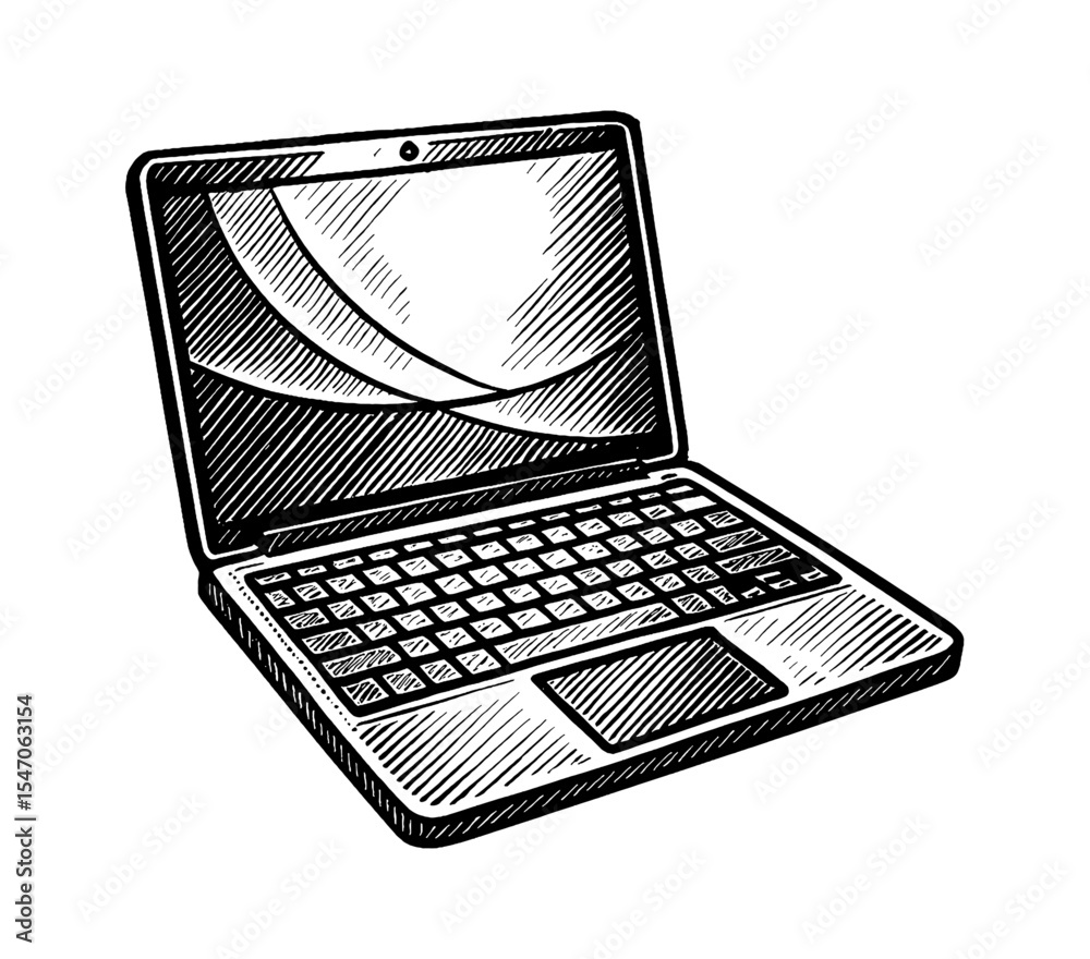 Fototapete laptop computer with screen keyboard and trackpad in black and white engraving art style