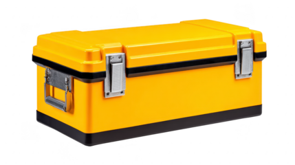 Sturdy yellow toolbox with metal latches and handle, ideal for organizing tools and equipment. bright color enhances visibility, making it easy to locate in workshop or garage